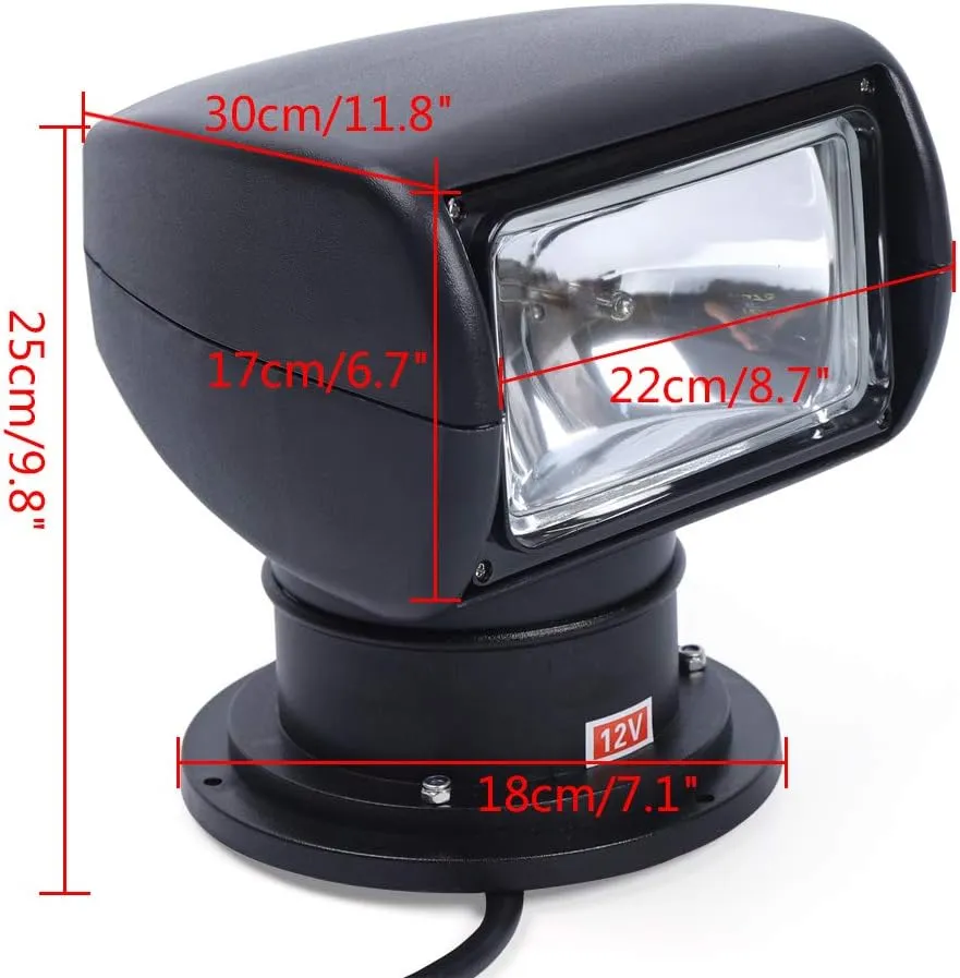 100W Bulb Spotlight for Boat Truck Car Marine Searchlight Lighting 2500LM 12V Waterproof 360° Rotate Halogen Searchlight Outdoor Lamp (Black,Simple Remote Control)
