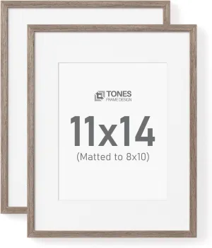 11x14 Picture Frame with 8x10 Mat, Set of 2 Photo Frames Oak Brown Solid Wood Veneer Finish, and Plexiglass Front for Poster Gallery Wall Home Decor