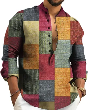 2024 Linen Shirts for Men Henley Long Sleeve Casual Banded Collar Button Vintage Beach Hawaiian T Shirt