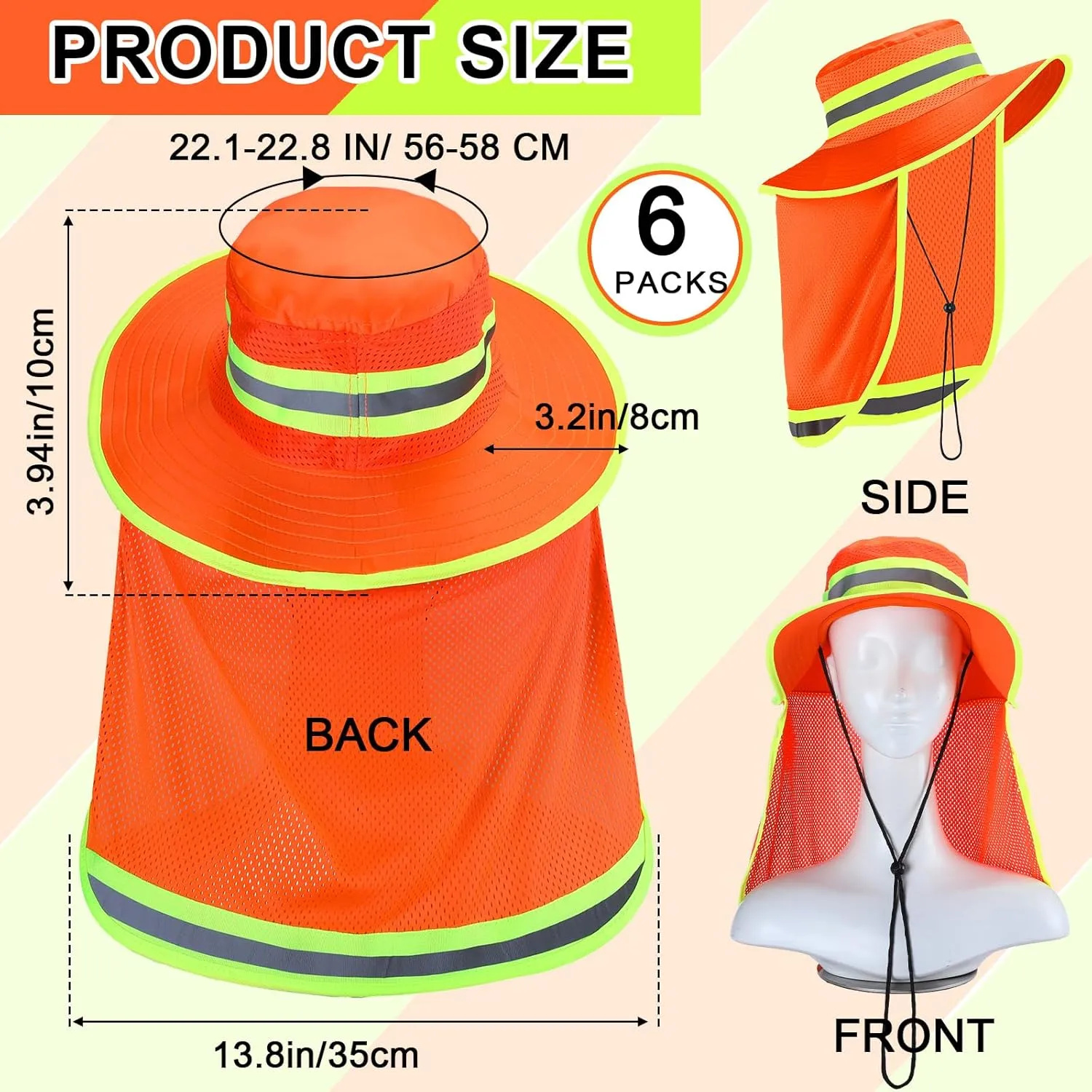 6 Pcs Reflective Safety Hat High Visibility Neck Flap Boonie Hat Wide Brim Work Hats Breathable Bucket Cap for Worker