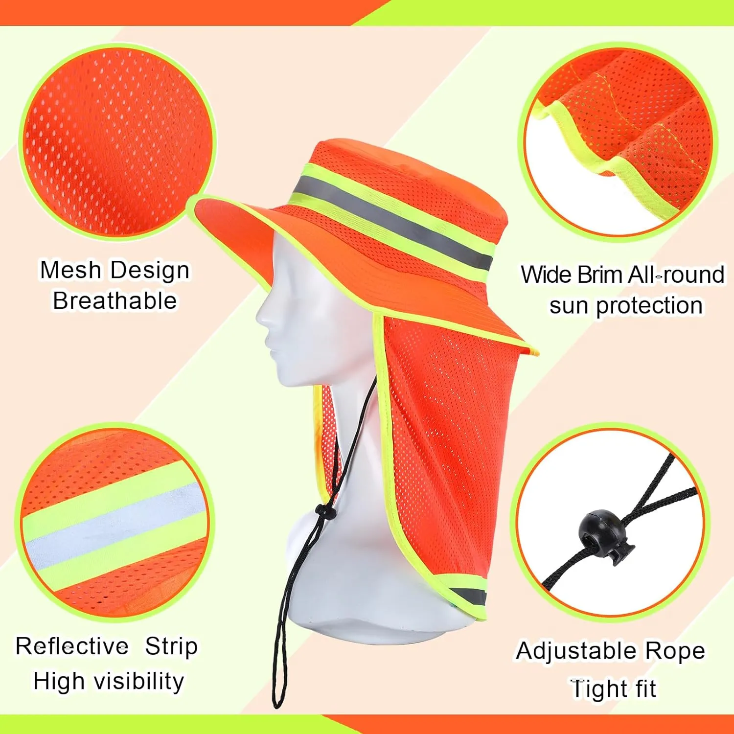 6 Pcs Reflective Safety Hat High Visibility Neck Flap Boonie Hat Wide Brim Work Hats Breathable Bucket Cap for Worker