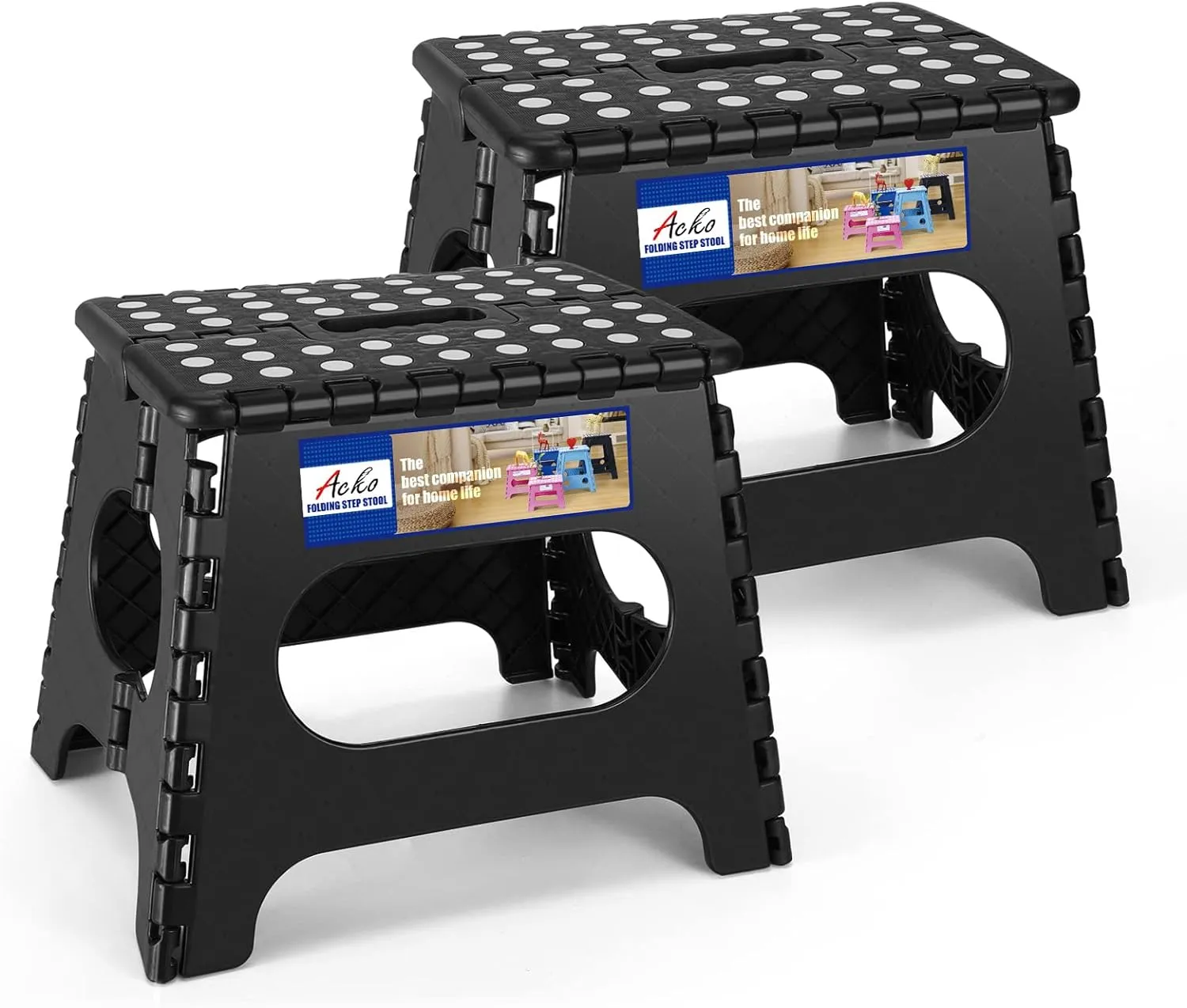 ACKO 11 inch Folding Step Stool Lightweight Plastic Step Stool - 2 Pack - Foldable Step Stool for Adults,Non Slip Folding Stools for Kitchen Bathroom Bedroom (Black, 2 Pack)