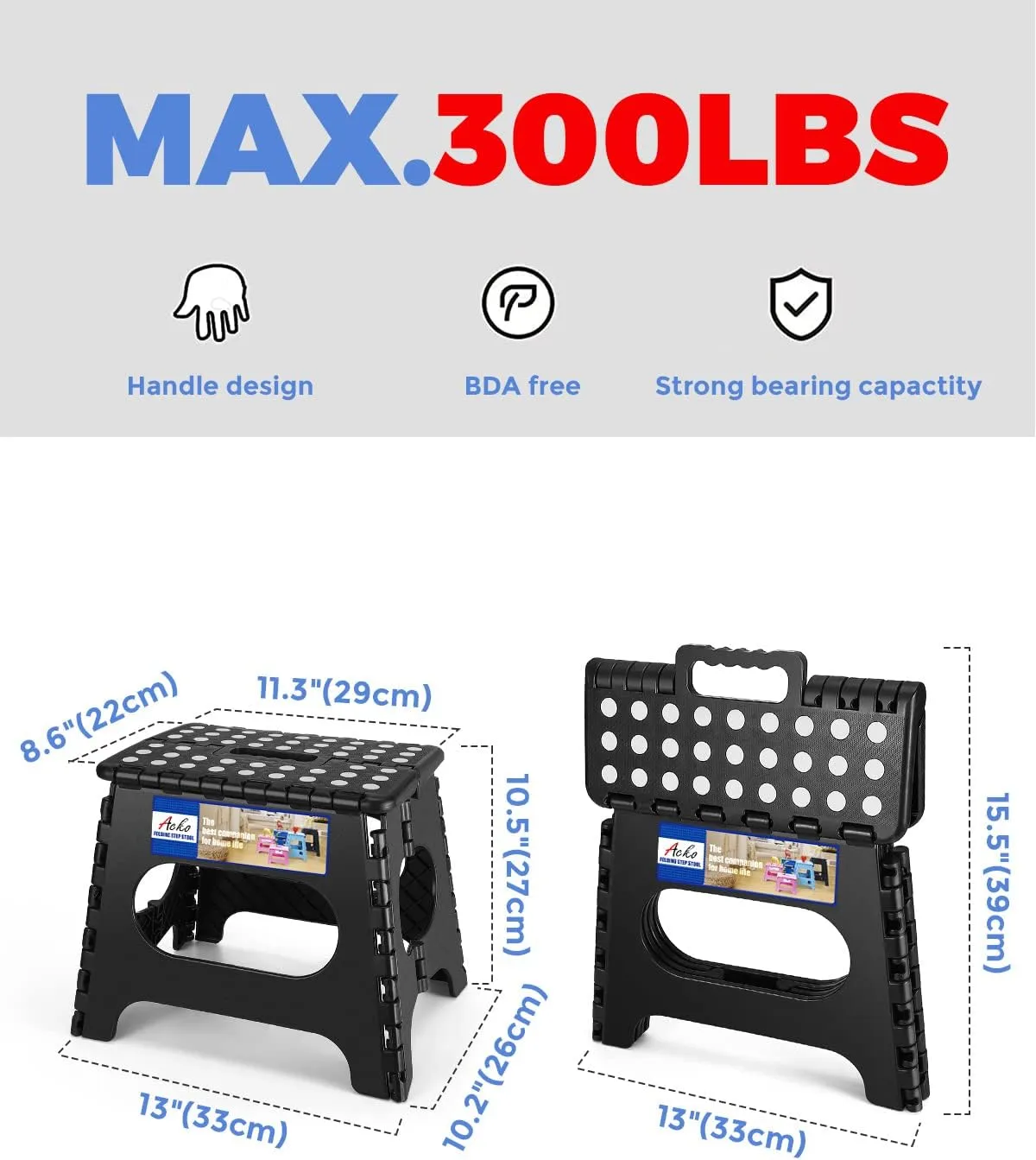 ACKO 11 inch Folding Step Stool Lightweight Plastic Step Stool - 2 Pack - Foldable Step Stool for Adults,Non Slip Folding Stools for Kitchen Bathroom Bedroom (Black, 2 Pack)