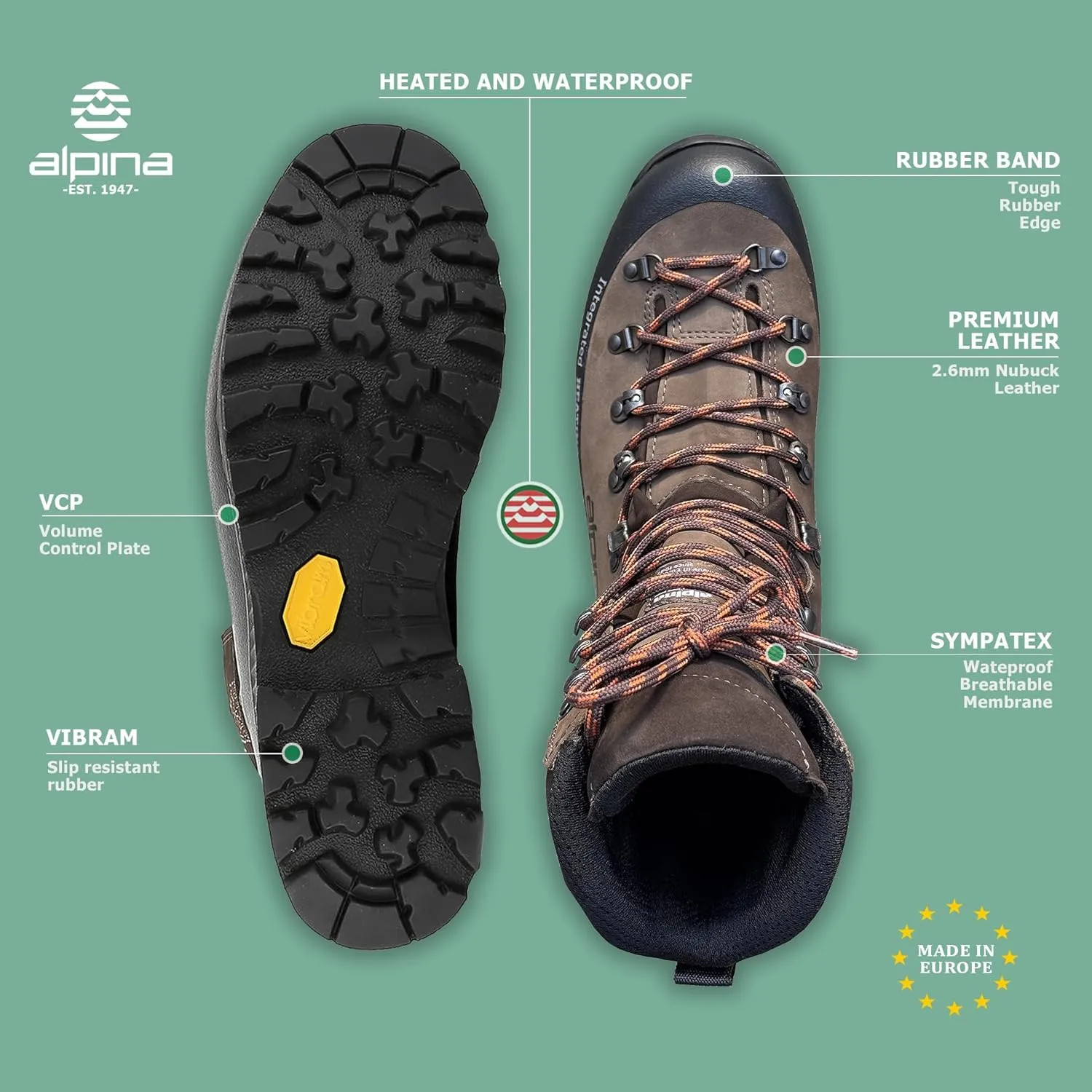 Alpina HUNTER Heated Boots | High Hunting Shoes with Integrated Heating | Leather with Sympatex Breathable Membrane | Vibram | Made in Europe