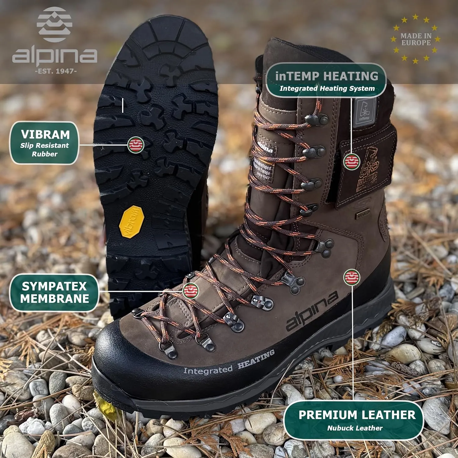 Alpina HUNTER Heated Boots | High Hunting Shoes with Integrated Heating | Leather with Sympatex Breathable Membrane | Vibram | Made in Europe