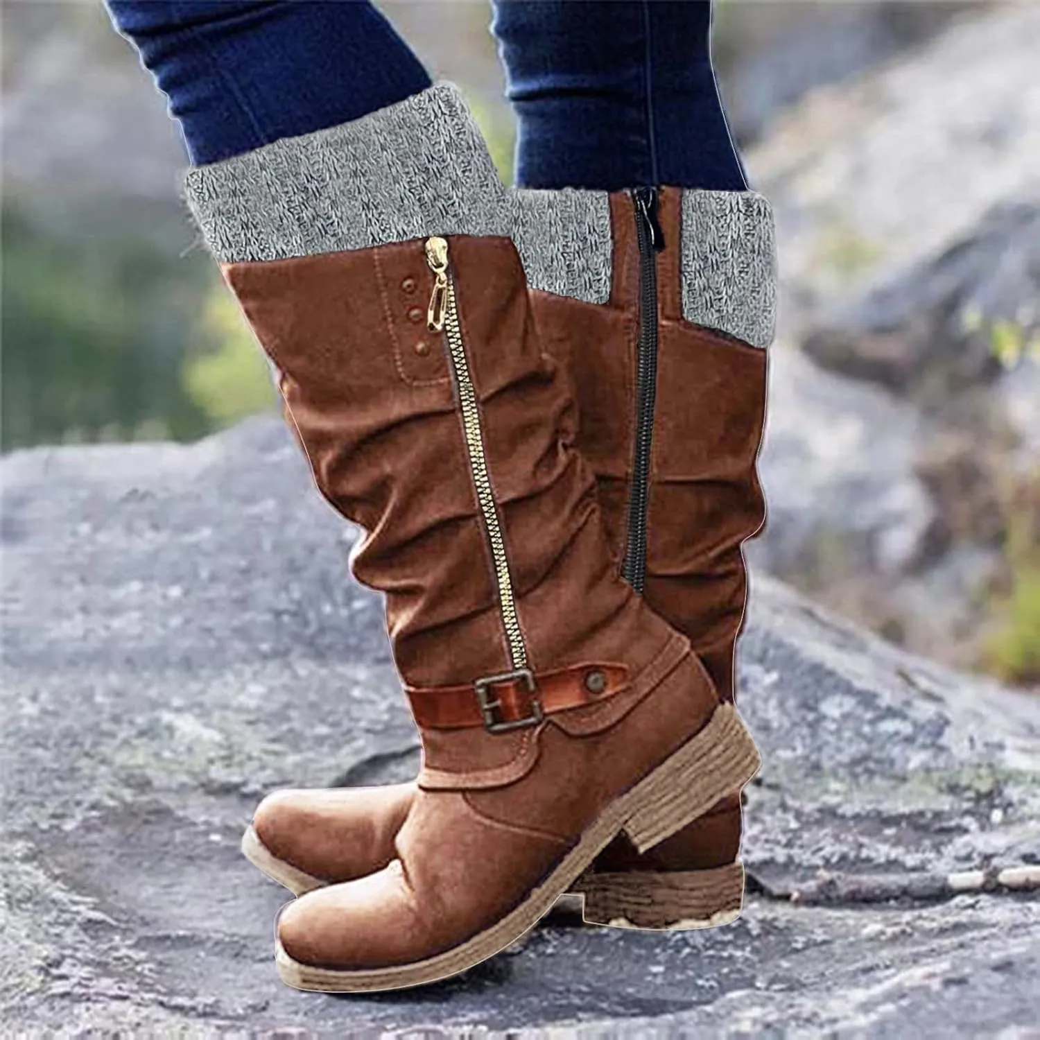 AMDBEL Boots for Women Knee High Wide Calf Boots Low Heel Boots Fashion Comfortable Zipper Long Boots Fall Winter Shoes