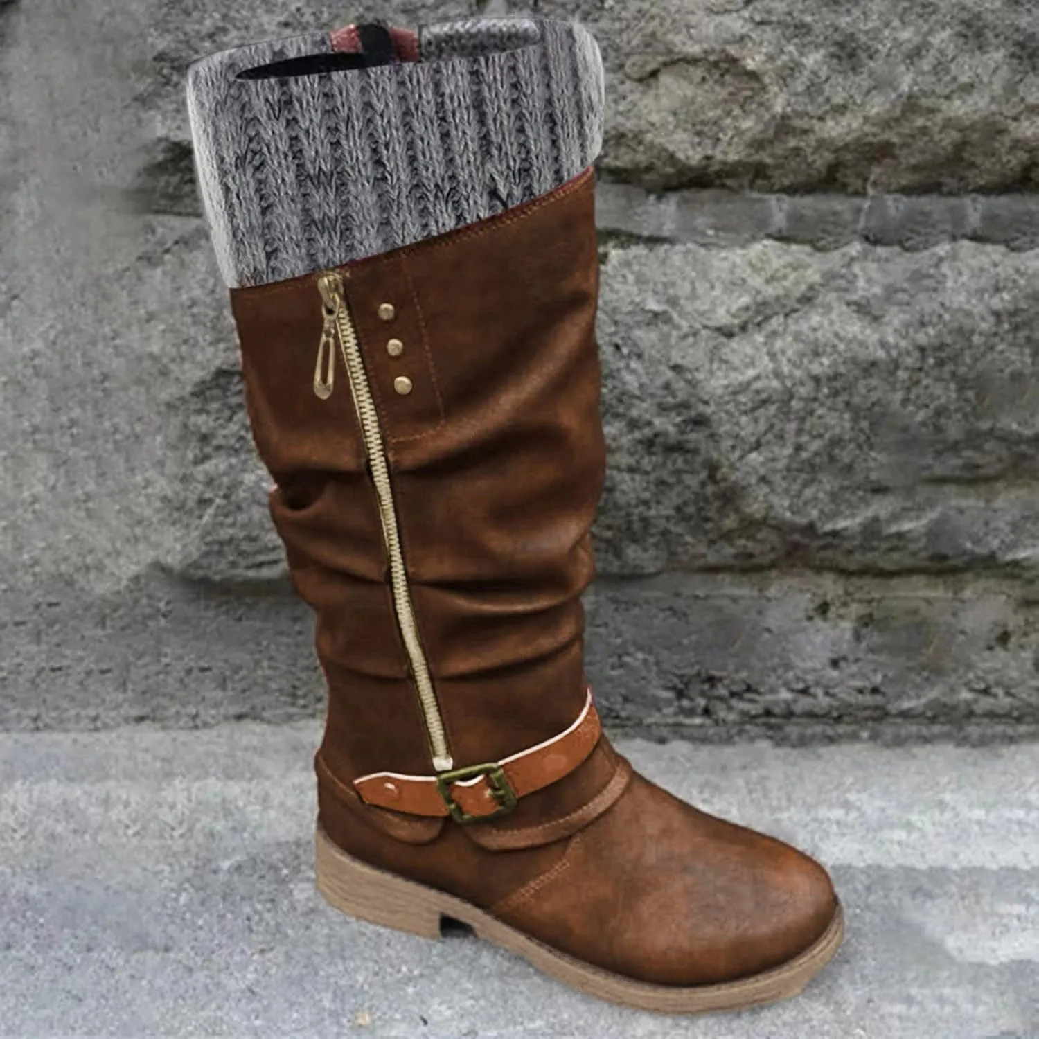 AMDBEL Boots for Women Knee High Wide Calf Boots Low Heel Boots Fashion Comfortable Zipper Long Boots Fall Winter Shoes