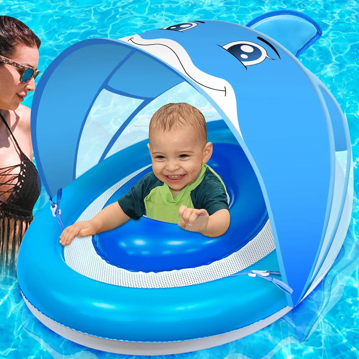 ​​AMENON Dolphin Inflatable Baby Pool Float for Toddlers 6-36 Months with UPF50  4 Stage Adjustable Sun Canopy, Non-Flip Safety Seat, Dual Air Chambers, Infant Swim Training Float for Pool