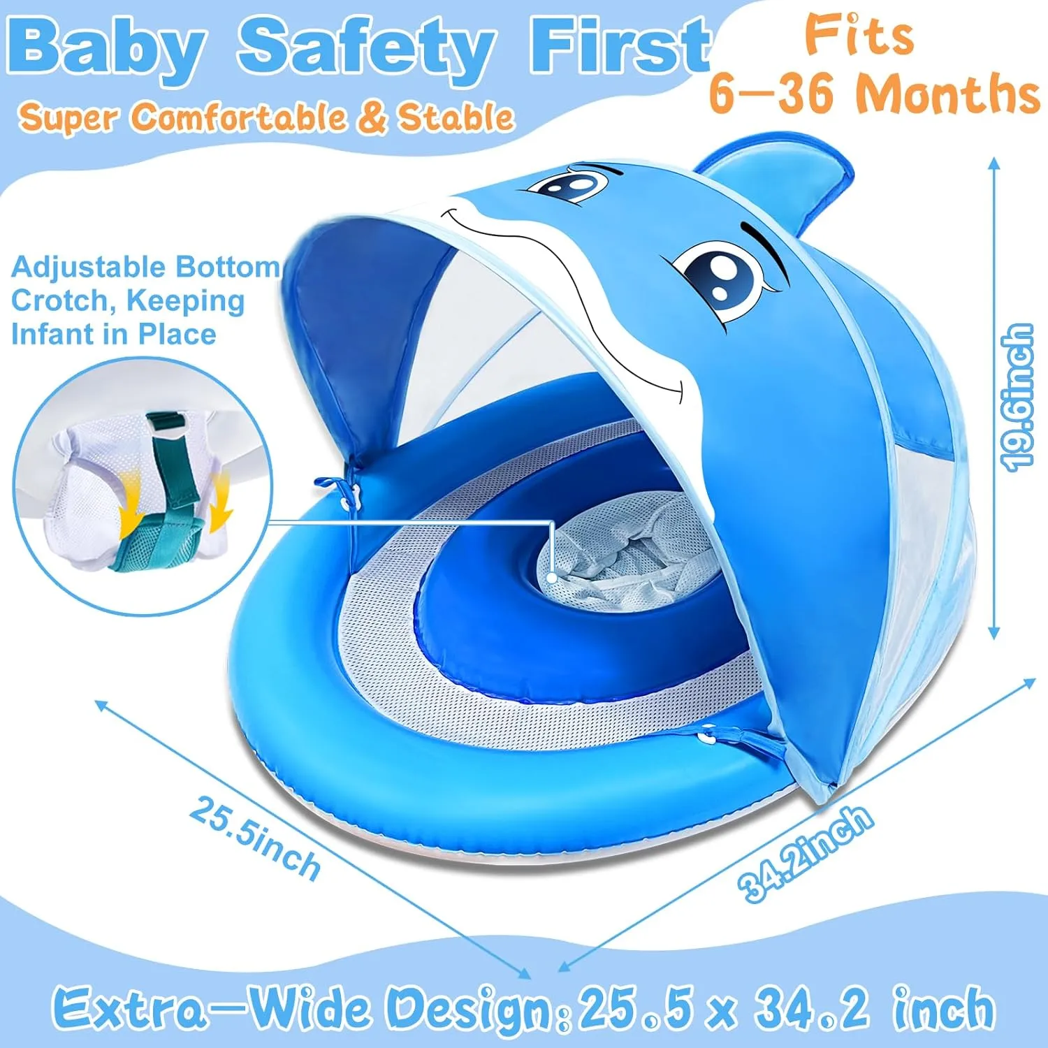 ​​AMENON Dolphin Inflatable Baby Pool Float for Toddlers 6-36 Months with UPF50  4 Stage Adjustable Sun Canopy, Non-Flip Safety Seat, Dual Air Chambers, Infant Swim Training Float for Pool