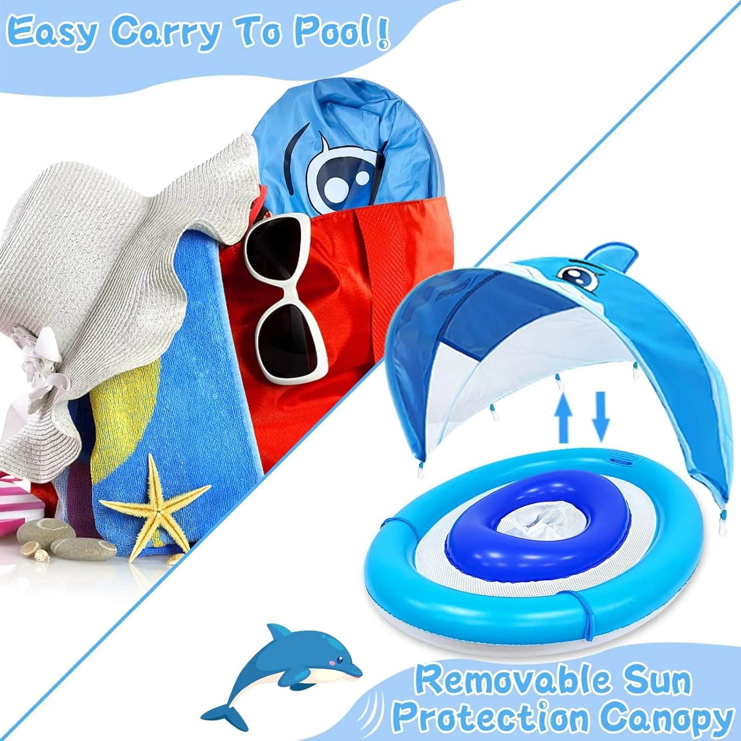 ​​AMENON Dolphin Inflatable Baby Pool Float for Toddlers 6-36 Months with UPF50  4 Stage Adjustable Sun Canopy, Non-Flip Safety Seat, Dual Air Chambers, Infant Swim Training Float for Pool