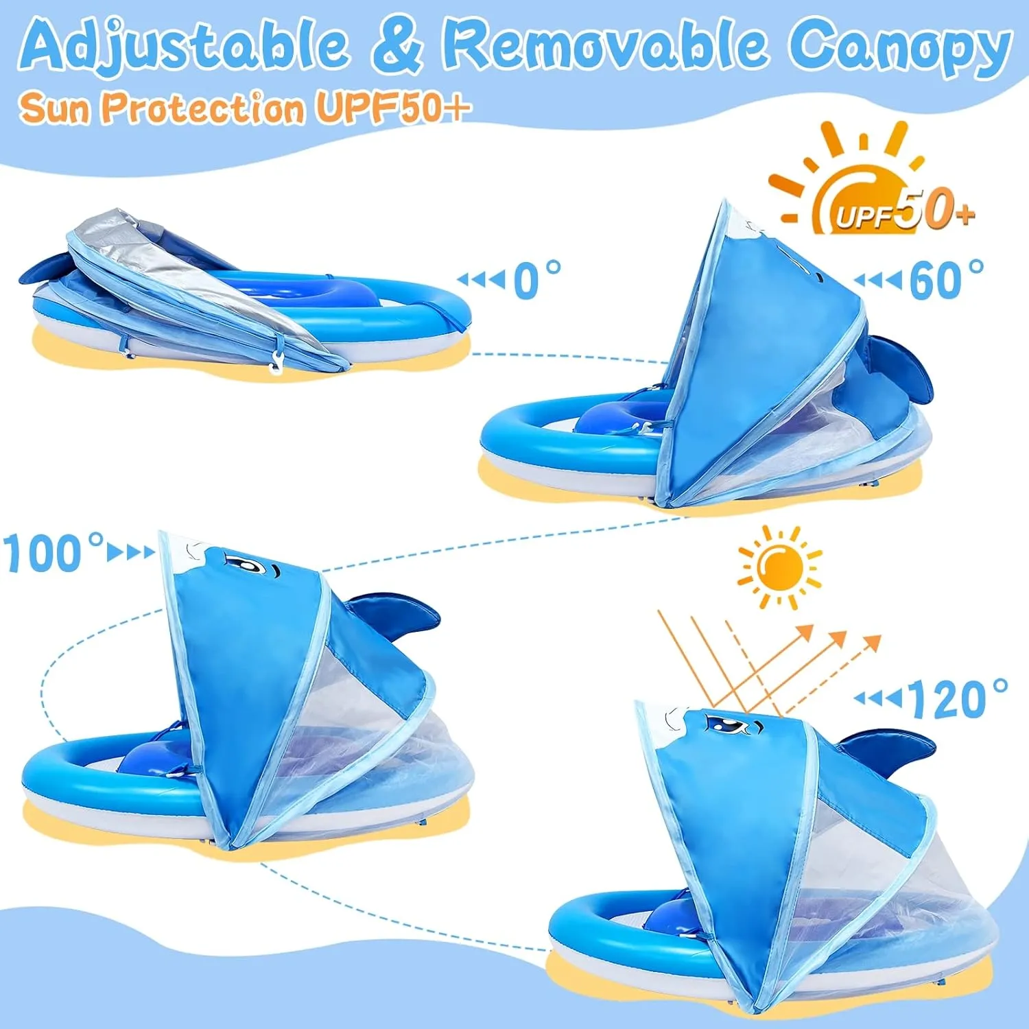 ​​AMENON Dolphin Inflatable Baby Pool Float for Toddlers 6-36 Months with UPF50  4 Stage Adjustable Sun Canopy, Non-Flip Safety Seat, Dual Air Chambers, Infant Swim Training Float for Pool