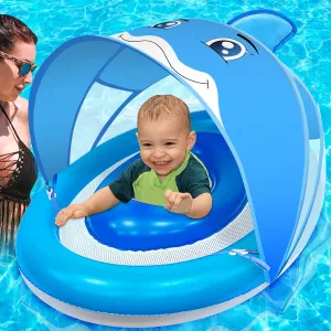 ​​AMENON Dolphin Inflatable Baby Pool Float for Toddlers 6-36 Months with UPF50  4 Stage Adjustable Sun Canopy, Non-Flip Safety Seat, Dual Air Chambers, Infant Swim Training Float for Pool
