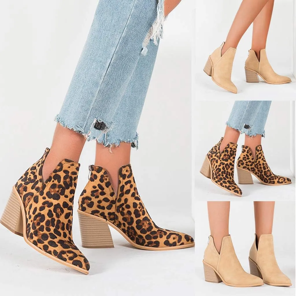Ankle Booties for Women V Cut,Ankle Boots Pointed Toe Slip On Side Cutout Solid Color Chunky Block Stacked Mid Heel Booties
