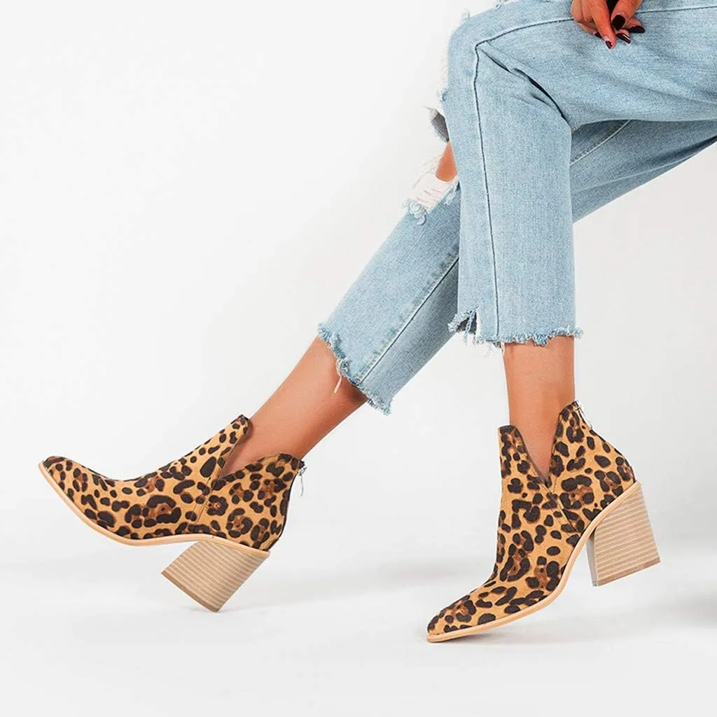 Ankle Booties for Women V Cut,Ankle Boots Pointed Toe Slip On Side Cutout Solid Color Chunky Block Stacked Mid Heel Booties