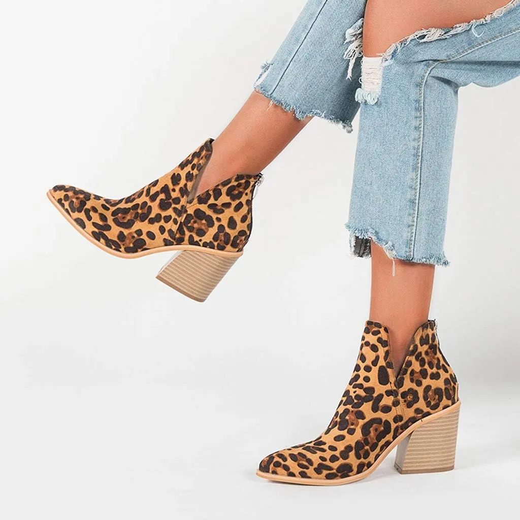 Ankle Booties for Women V Cut,Ankle Boots Pointed Toe Slip On Side Cutout Solid Color Chunky Block Stacked Mid Heel Booties