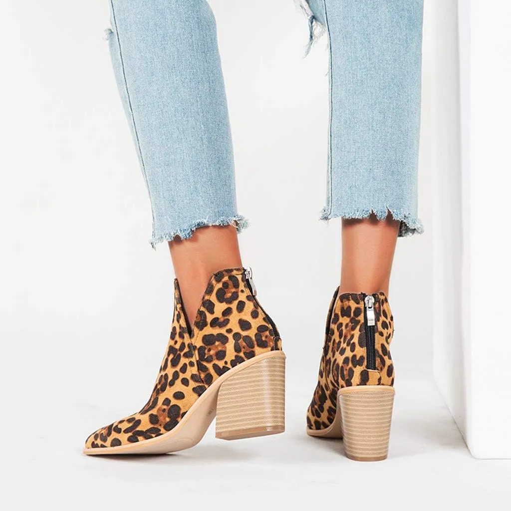 Ankle Booties for Women V Cut,Ankle Boots Pointed Toe Slip On Side Cutout Solid Color Chunky Block Stacked Mid Heel Booties