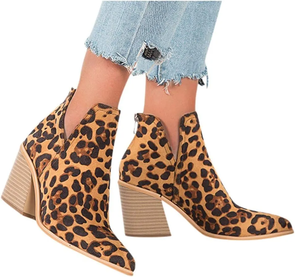 Ankle Booties for Women V Cut,Ankle Boots Pointed Toe Slip On Side Cutout Solid Color Chunky Block Stacked Mid Heel Booties