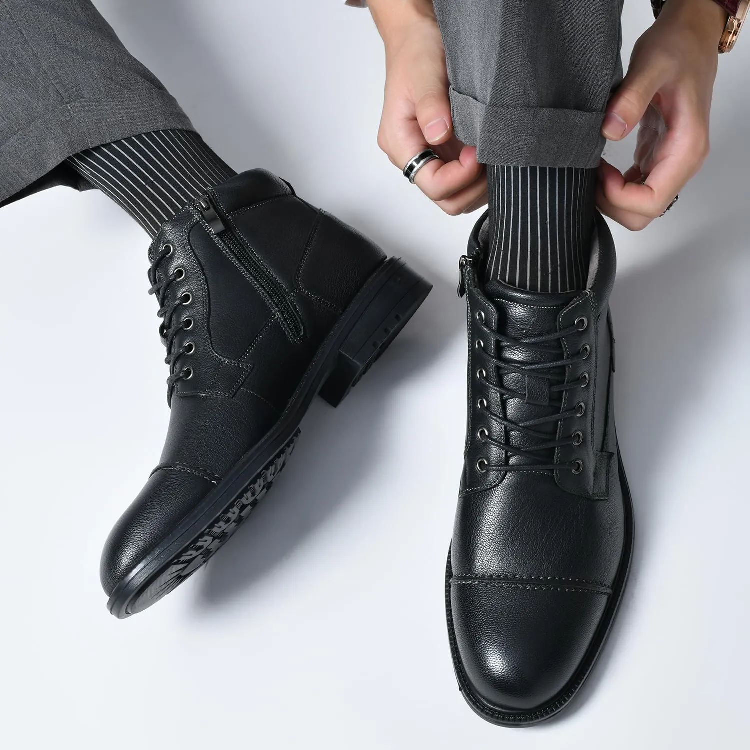 Arkbird Mens Oxford Leather Dress Boots Classic Cap Toe Side Zip Mid Top Casual Ankle Boots for Men