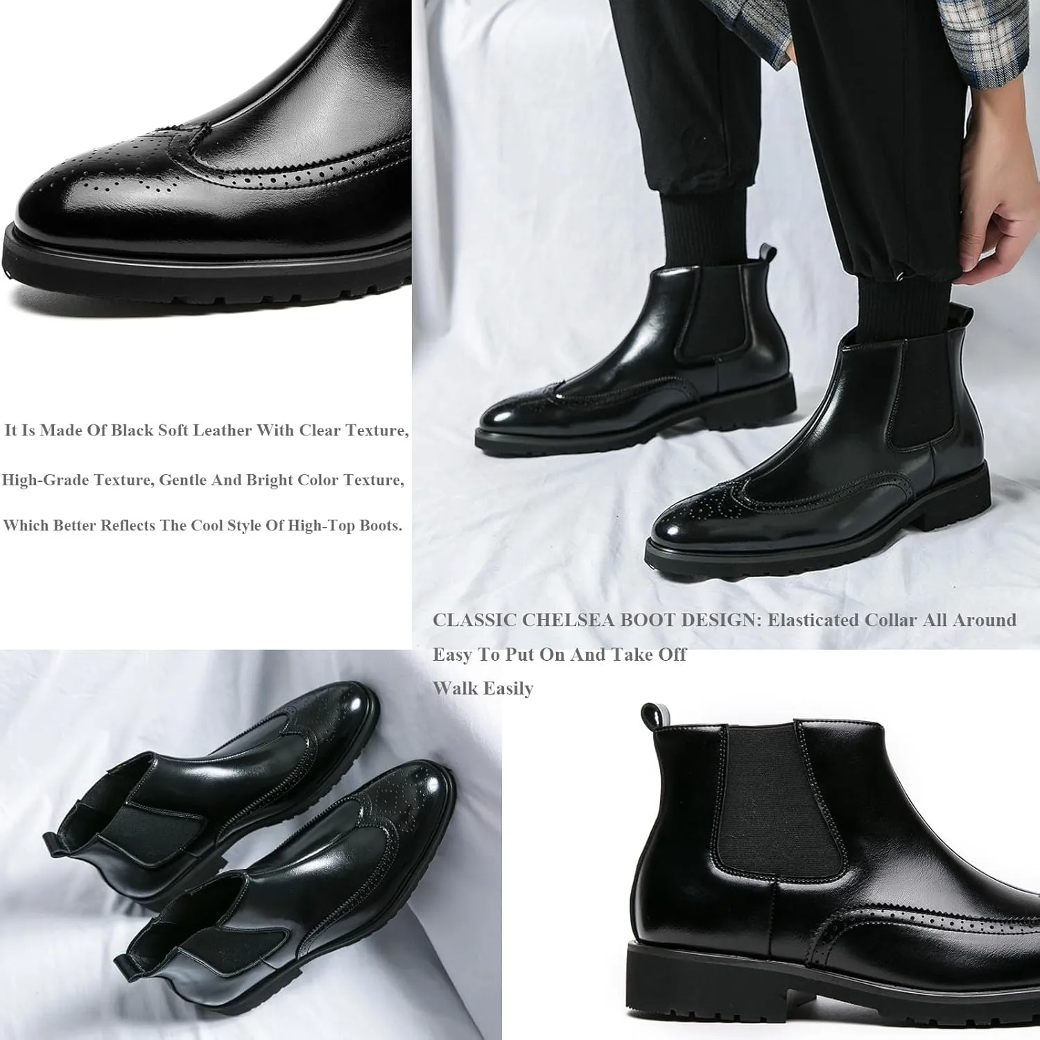 AUNTHUI Men'S Brogue Oxford Boots,Slip-On Handmade Wingtip Fashion Round-Toe High-Top Chelsea Boots,Comfortable Stretch Casual Office Business Dress Ankle Boots