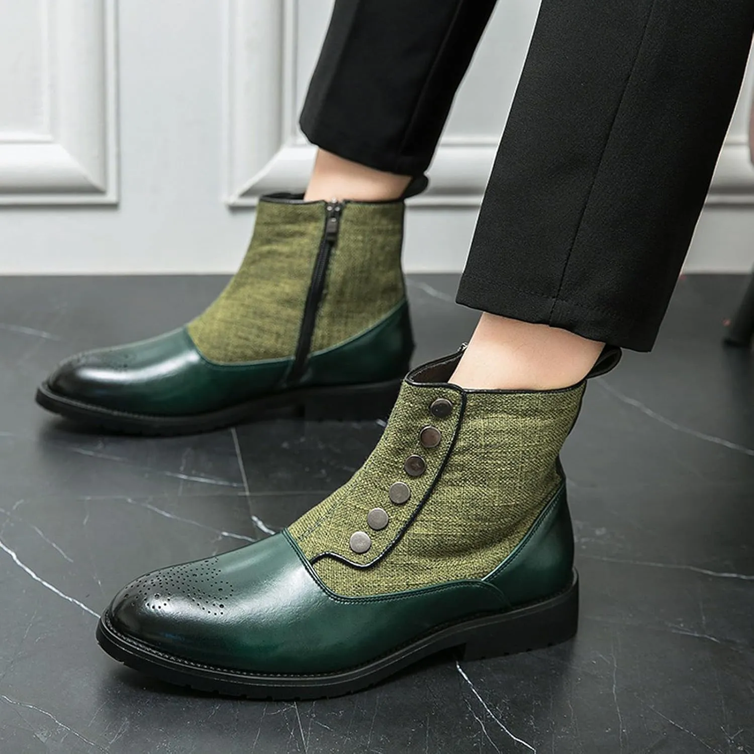 AUNTHUI Men'S Brogue Oxford Boots,Slip-On Handmade Wingtip Fashion Round-Toe High-Top Chelsea Boots,Comfortable Stretch Casual Office Business Dress Ankle Boots