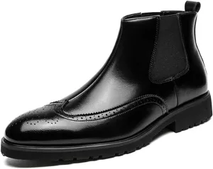 AUNTHUI Men'S Brogue Oxford Boots,Slip-On Handmade Wingtip Fashion Round-Toe High-Top Chelsea Boots,Comfortable Stretch Casual Office Business Dress Ankle Boots
