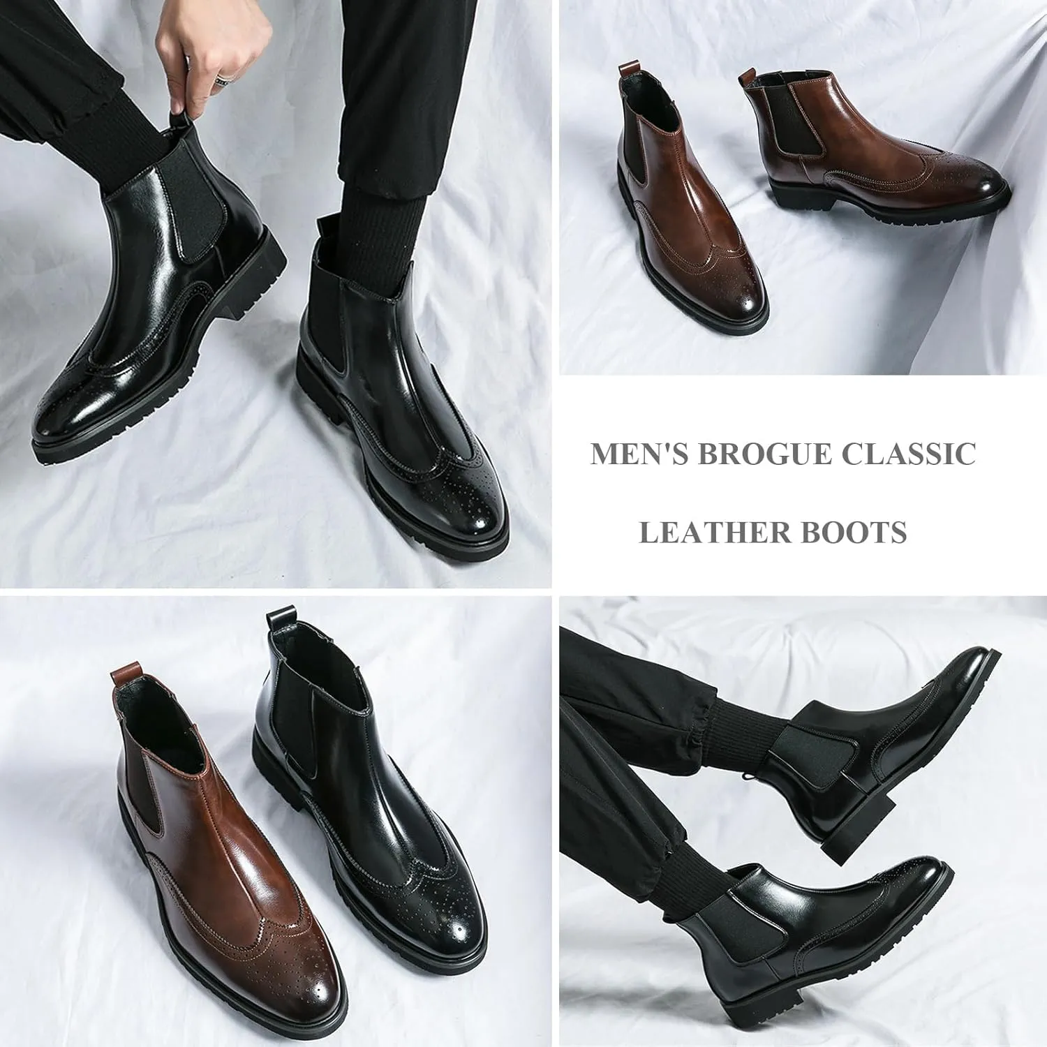 AUNTHUI Men'S Brogue Oxford Boots,Slip-On Handmade Wingtip Fashion Round-Toe High-Top Chelsea Boots,Comfortable Stretch Casual Office Business Dress Ankle Boots