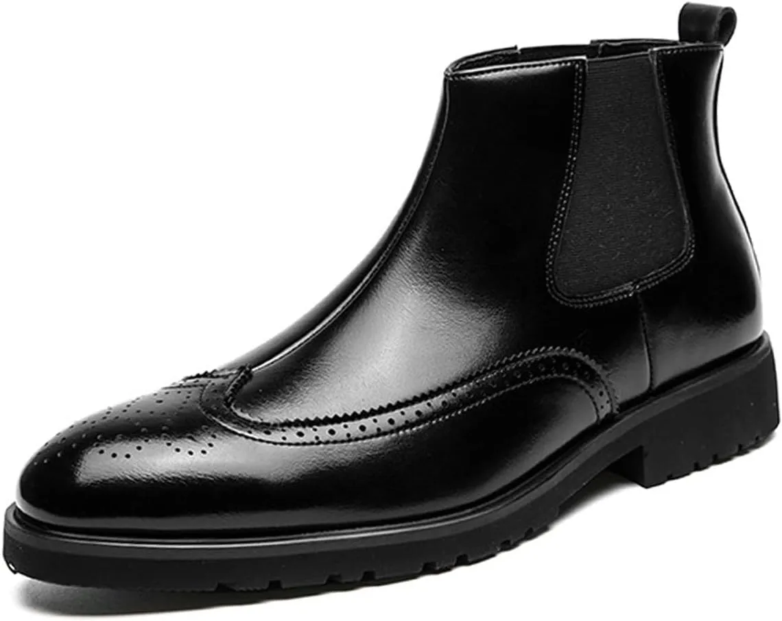 AUNTHUI Men'S Brogue Oxford Boots,Slip-On Handmade Wingtip Fashion Round-Toe High-Top Chelsea Boots,Comfortable Stretch Casual Office Business Dress Ankle Boots