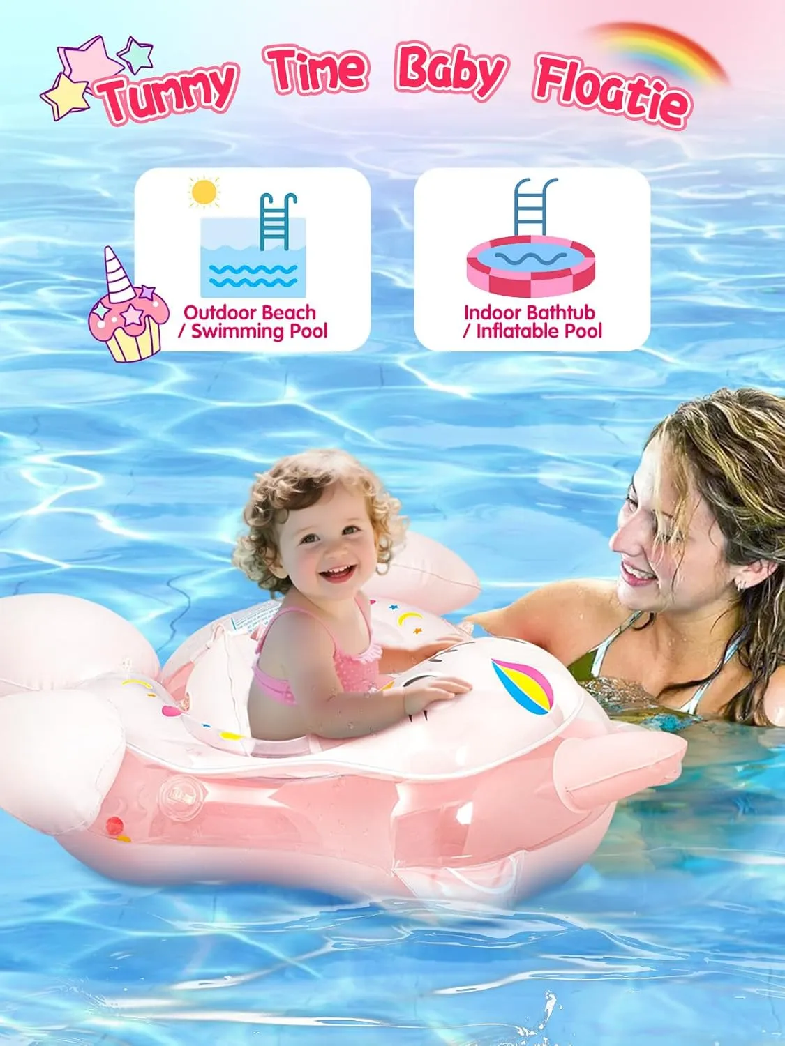 Baby Swimming Float for Girls, no Flip Over Inflatable Infant Pool Float with Canopy & Tail Sun Protection, Upgraded 2025 Newborn Swim Ring Age of 3-36 Months Toddler Kids Floaties Toys