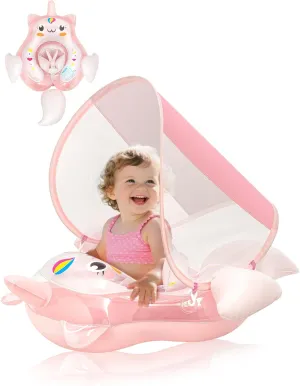 Baby Swimming Float for Girls, no Flip Over Inflatable Infant Pool Float with Canopy & Tail Sun Protection, Upgraded 2025 Newborn Swim Ring Age of 3-36 Months Toddler Kids Floaties Toys