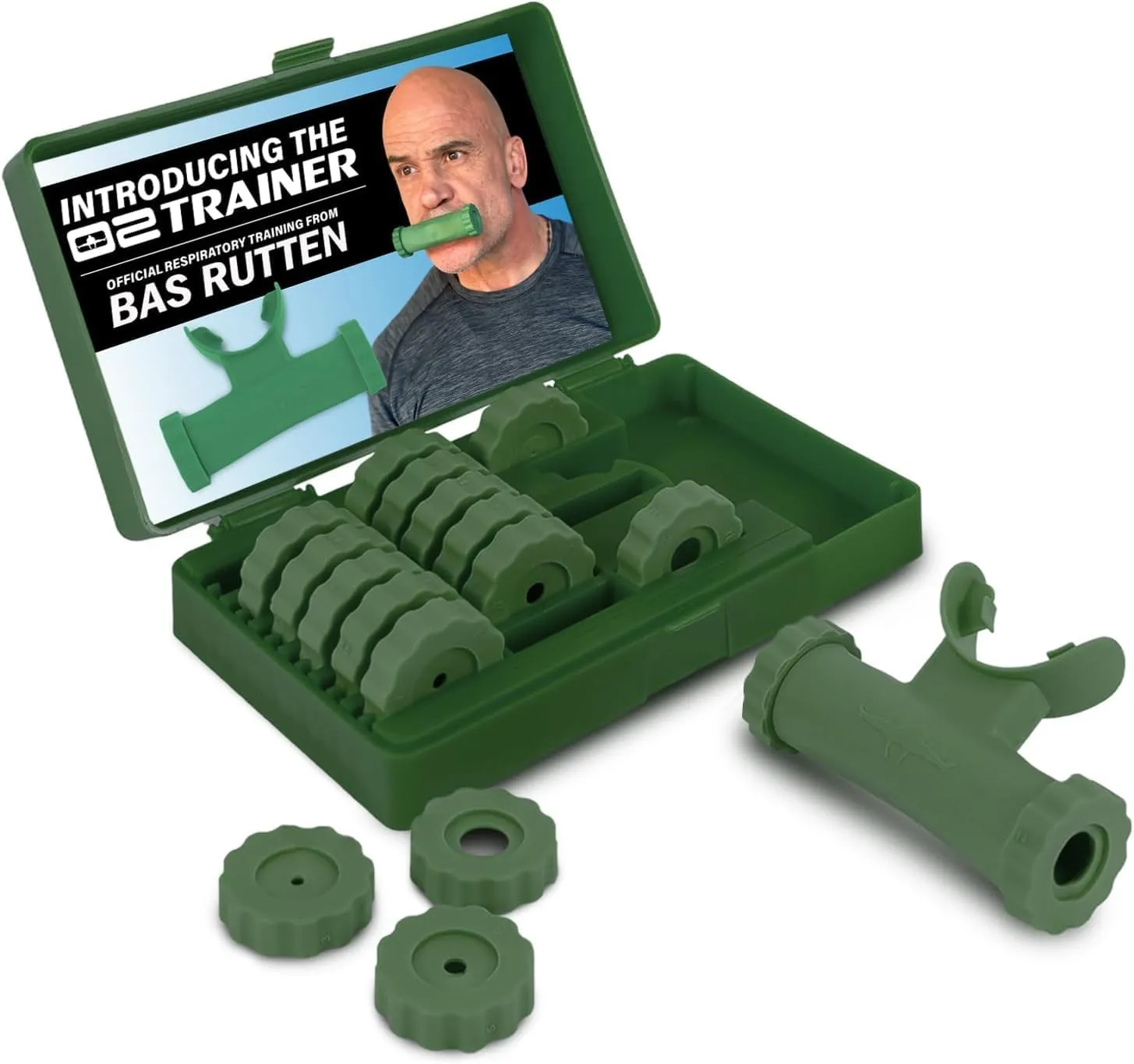Bas Rutten O2Trainer: Breathing Muscle Training Device – Lung Power & Endurance Tool for Athletes, Singers & High-Altitude Performance – Diaphragmatic Respiratory Trainer – 16 Resistance Caps – Green
