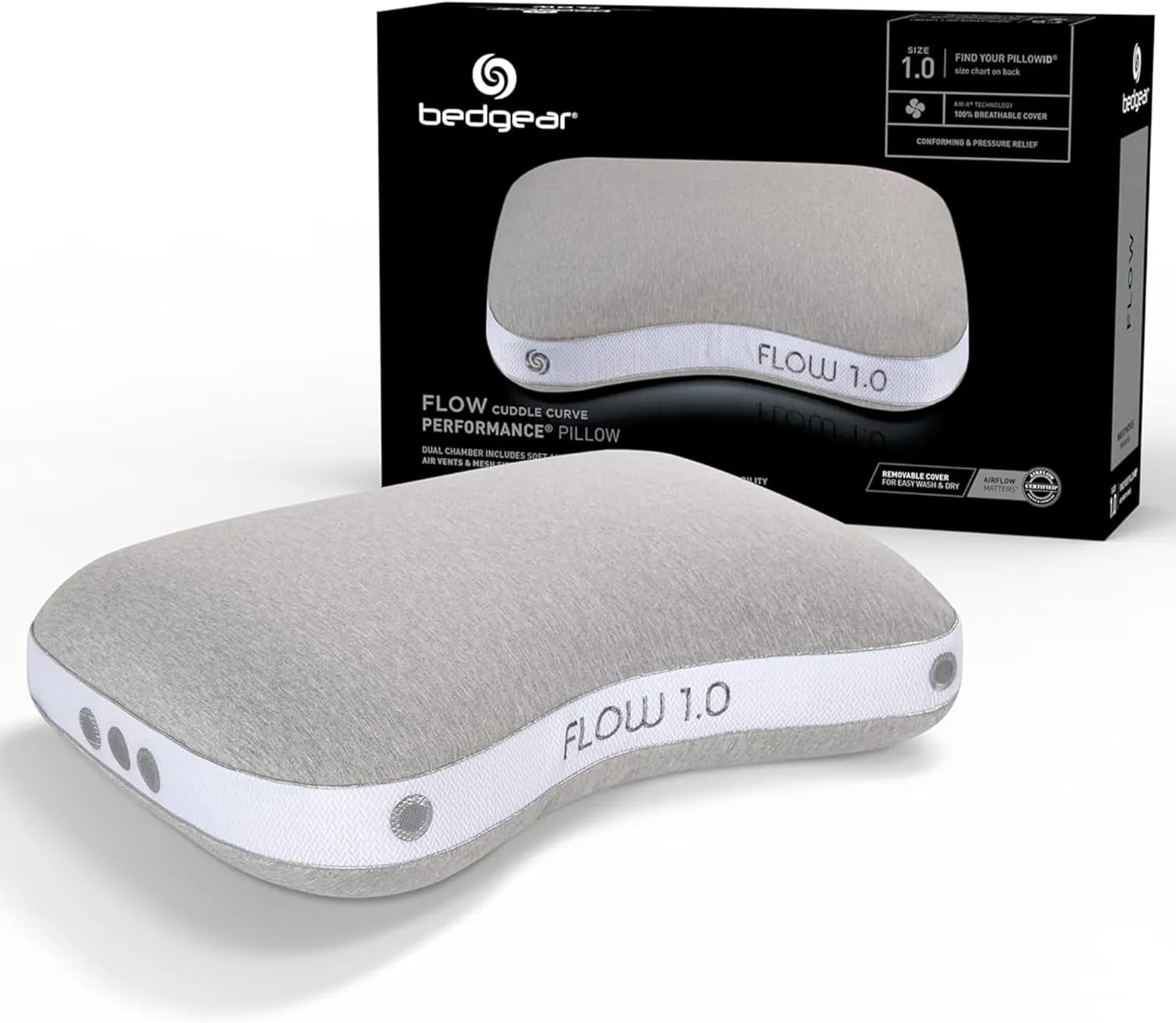 Bedgear Flow Cuddle Curve Pillow - Size 1.0 - Breathable Side Sleeper Pillow - Hybrid Design Bed Pillow - Hypoallergenic and Removable Cover - 20" W x 26" L x 5.25" H