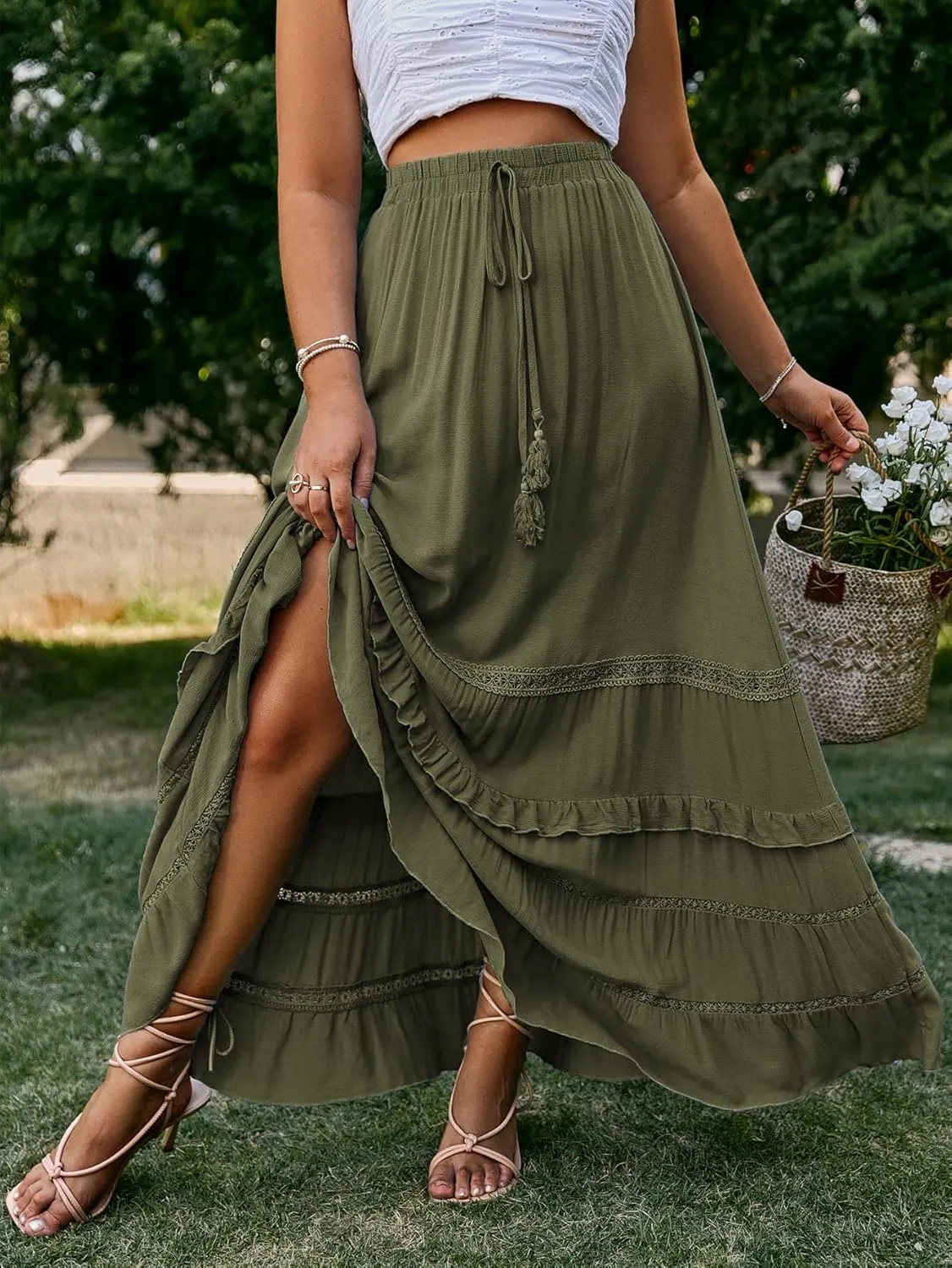 BerryGo Women's Boho Floral Wrap Maxi Skirt High Waisted Long Skirt with Slit