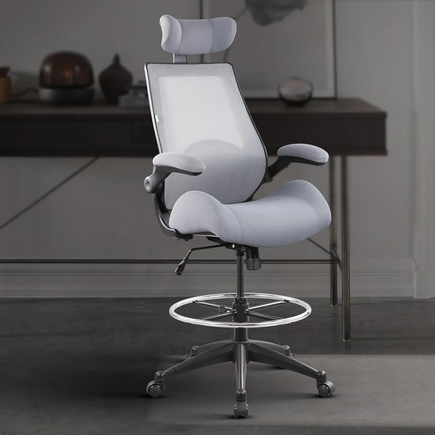 BOLISS 400lbs High Back Computer Office Drafting Chair Flip up Armrests Lumbar Support Adjustable Big Footrest Ring (Grey)