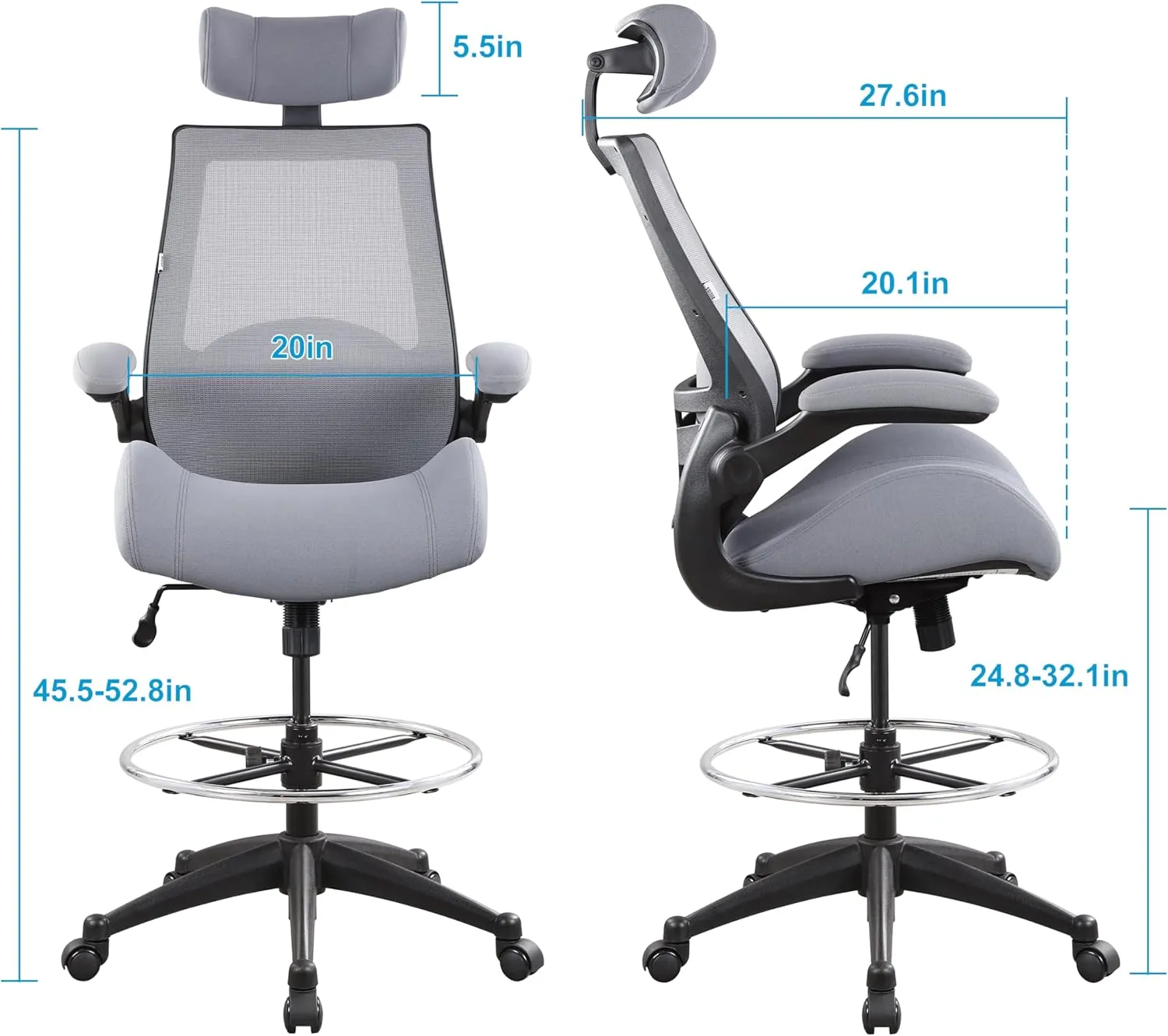 BOLISS 400lbs High Back Computer Office Drafting Chair Flip up Armrests Lumbar Support Adjustable Big Footrest Ring (Grey)