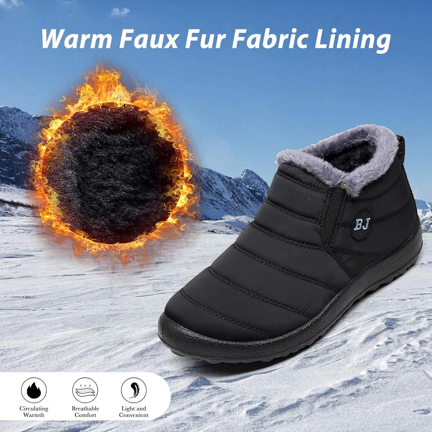 Boojoy Winter Boots, Winter Warm Anti-slip Ankle Booties, Waterproof Slip on Outdoor Fur Lined Snow Shoes for Womens