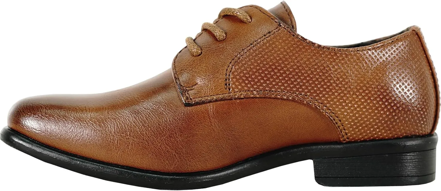 bravo! Boy Dress Shoe King Lace-up Oxford Plain Toe or Cap Toe Leather Sock for School Uniform Formal Event Size from Toddler to Youth Black Brown Cognac