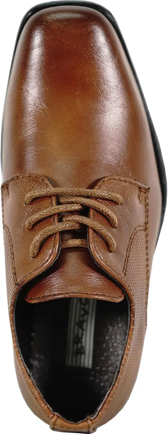 bravo! Boy Dress Shoe King Lace-up Oxford Plain Toe or Cap Toe Leather Sock for School Uniform Formal Event Size from Toddler to Youth Black Brown Cognac