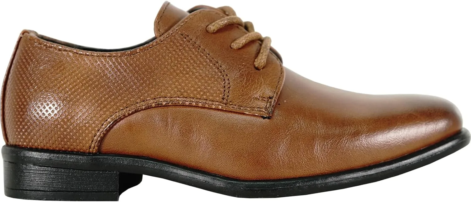 bravo! Boy Dress Shoe King Lace-up Oxford Plain Toe or Cap Toe Leather Sock for School Uniform Formal Event Size from Toddler to Youth Black Brown Cognac