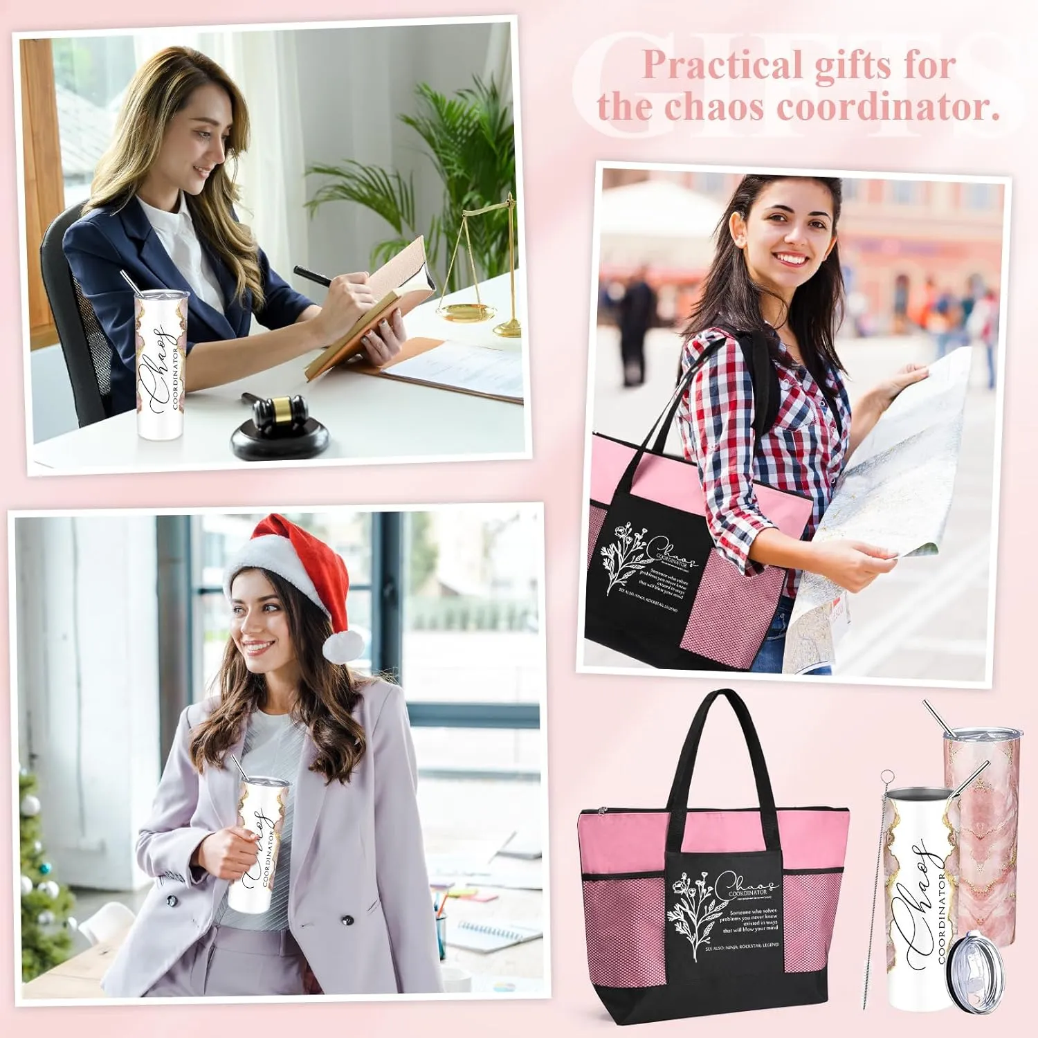 Buryeah 2 Pcs Chaos Coordinator Gifts for Women Employee Appreciation Gift 20 oz Marble Tumbler with Lid Large Tote Bag with Mesh Pockets Thank You Gift for Volunteer Assistant Coworker Nurse(Pink)