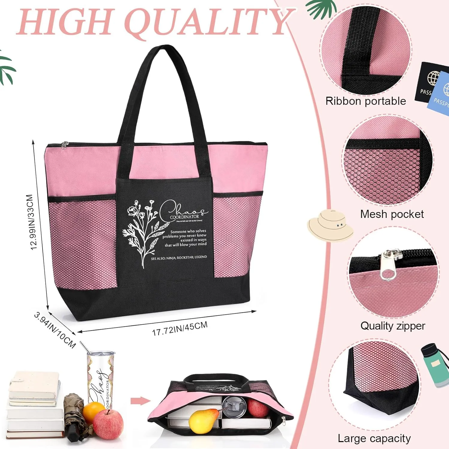 Buryeah 2 Pcs Chaos Coordinator Gifts for Women Employee Appreciation Gift 20 oz Marble Tumbler with Lid Large Tote Bag with Mesh Pockets Thank You Gift for Volunteer Assistant Coworker Nurse(Pink)