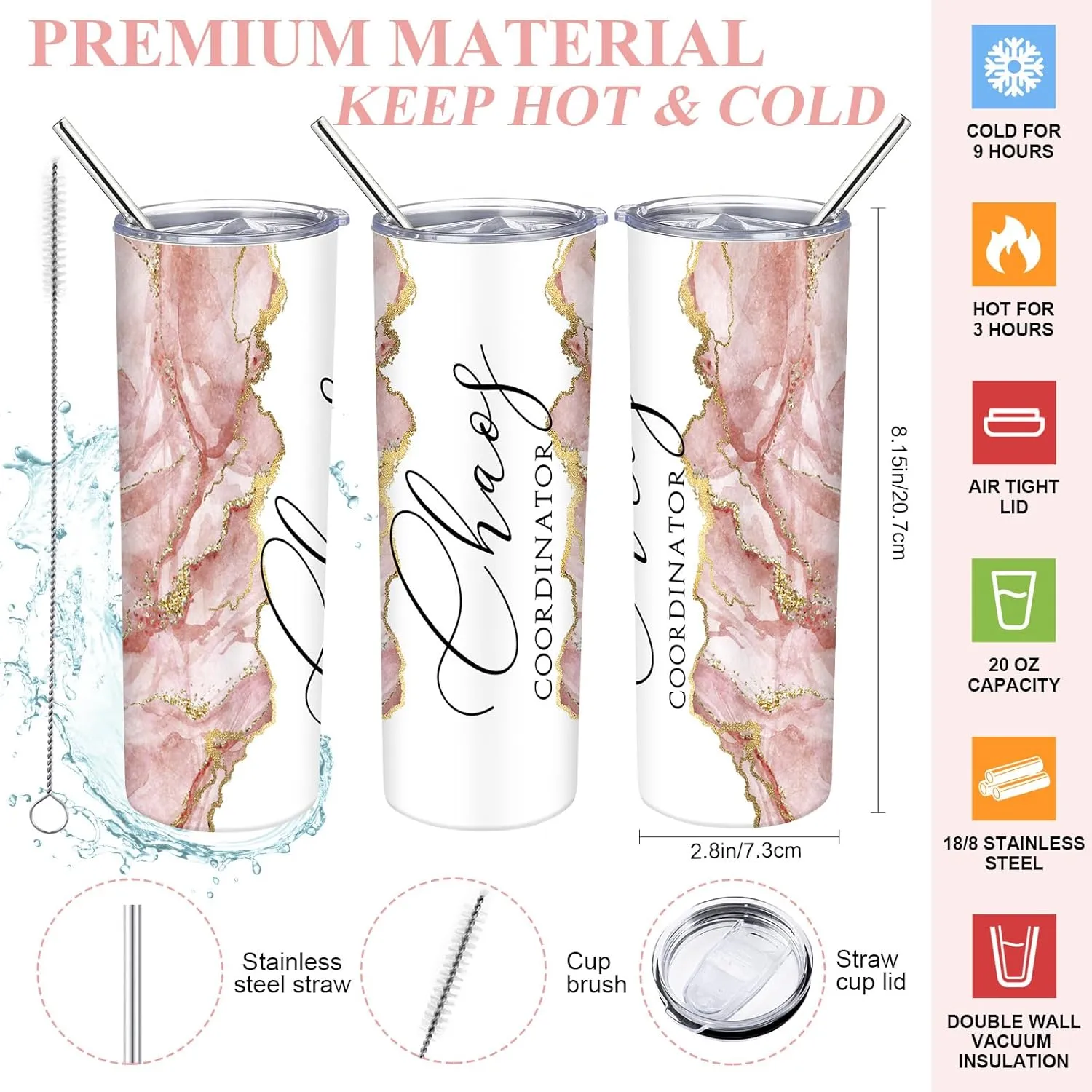 Buryeah 2 Pcs Chaos Coordinator Gifts for Women Employee Appreciation Gift 20 oz Marble Tumbler with Lid Large Tote Bag with Mesh Pockets Thank You Gift for Volunteer Assistant Coworker Nurse(Pink)