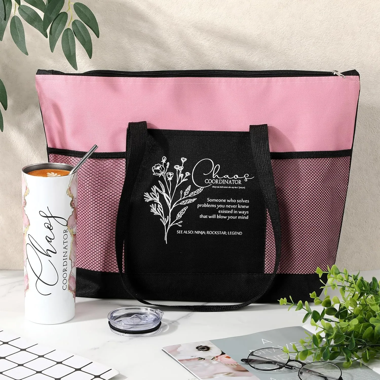 Buryeah 2 Pcs Chaos Coordinator Gifts for Women Employee Appreciation Gift 20 oz Marble Tumbler with Lid Large Tote Bag with Mesh Pockets Thank You Gift for Volunteer Assistant Coworker Nurse(Pink)