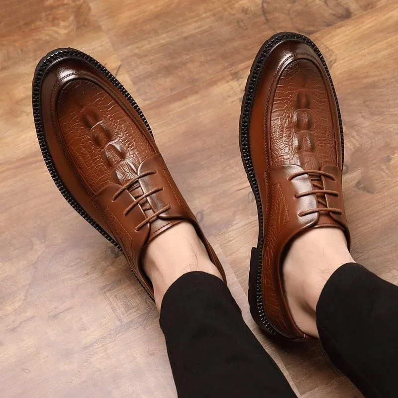 Classic Men's Monk Strap Dress Shoes, Genuine Leather Crocodile Print Oxford Shoes, Lace-up Business Office Formal Shoes