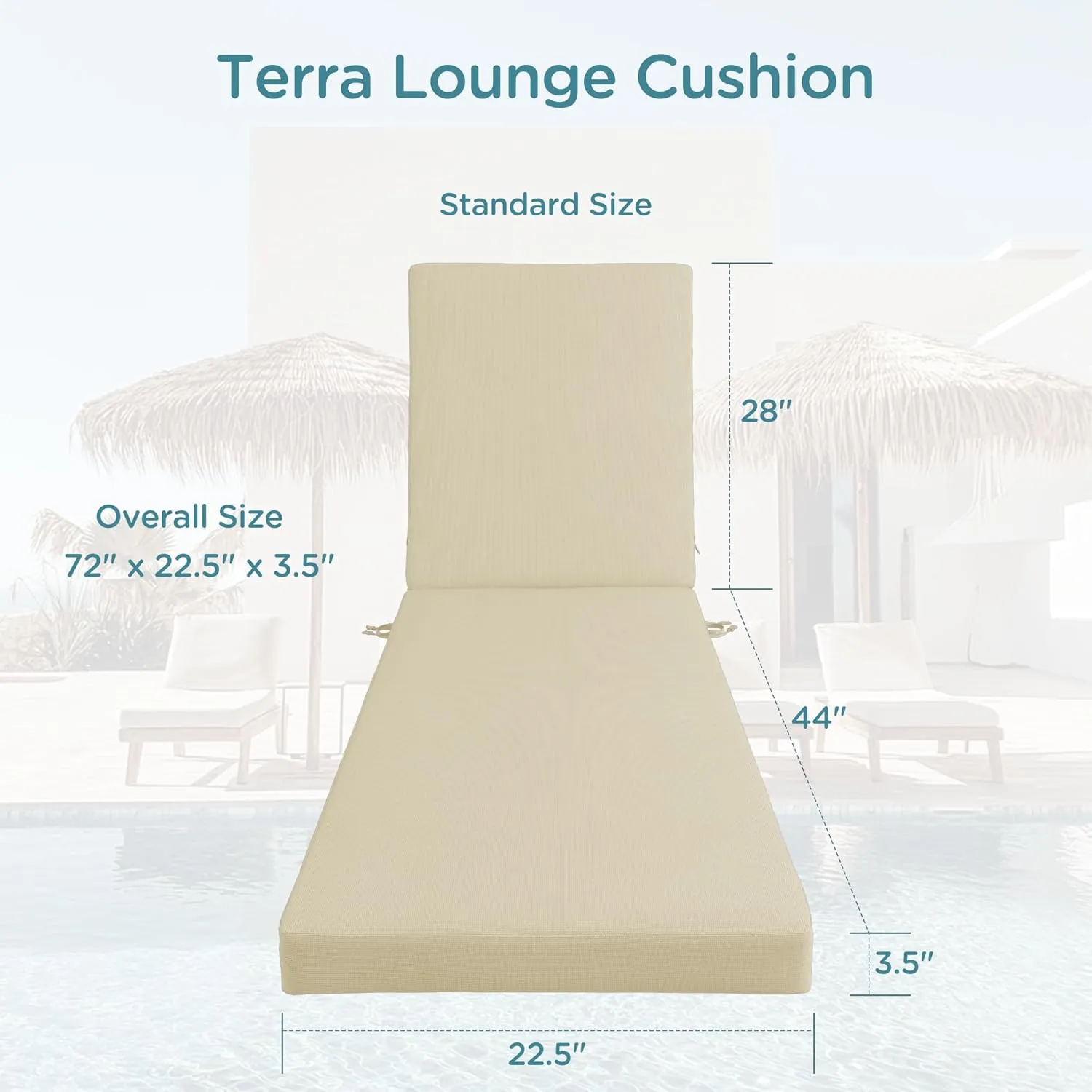 Codi Chaise Lounge Cushions Outdoor, Pool Lounges Chair Cushion Set, Waterproof for Patio Furniture, 72 x 22.5 x 3.5 Inch 2PK Beige