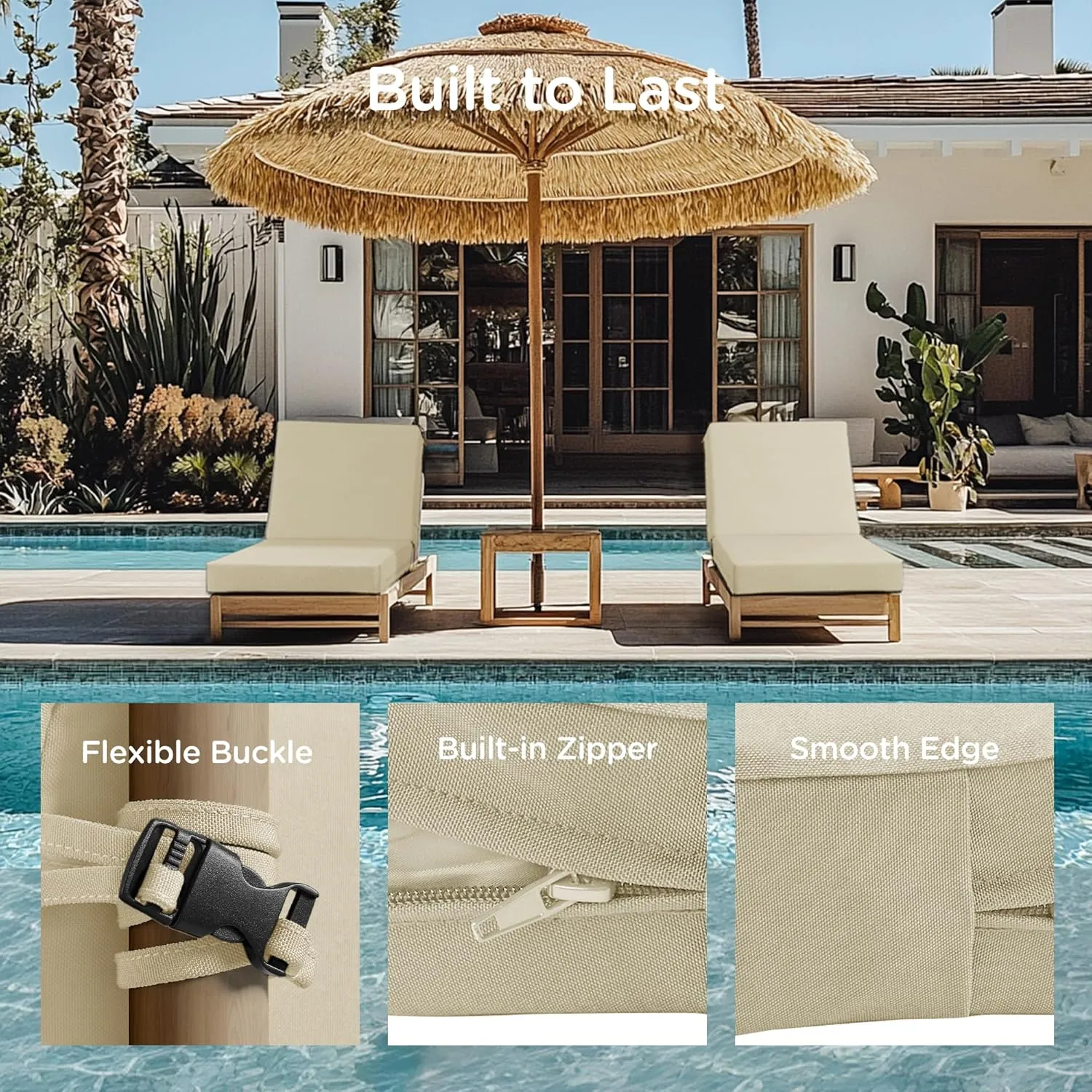 Codi Chaise Lounge Cushions Outdoor, Pool Lounges Chair Cushion Set, Waterproof for Patio Furniture, 72 x 22.5 x 3.5 Inch 2PK Beige