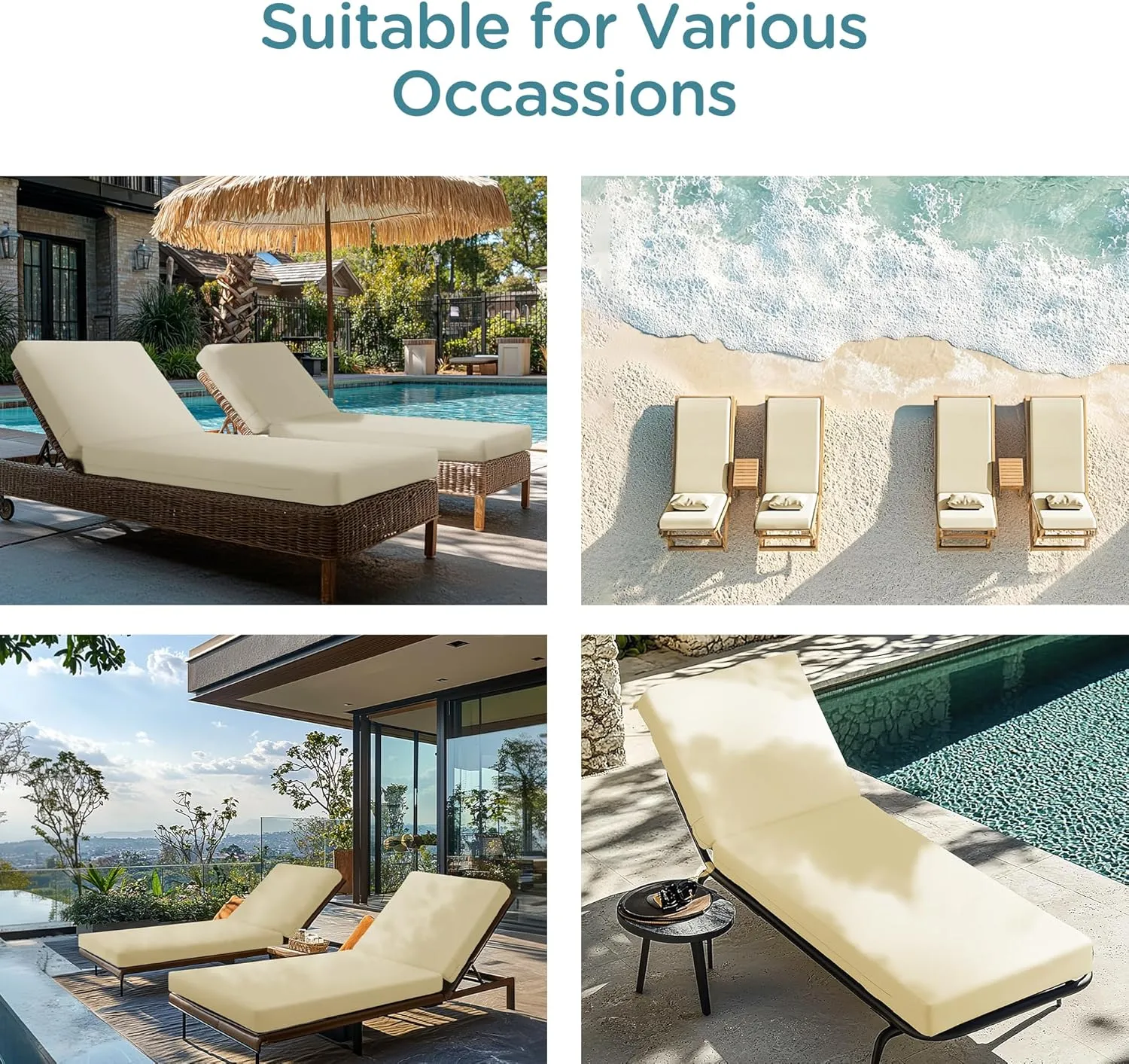 Codi Chaise Lounge Cushions Outdoor, Pool Lounges Chair Cushion Set, Waterproof for Patio Furniture, 72 x 22.5 x 3.5 Inch 2PK Beige