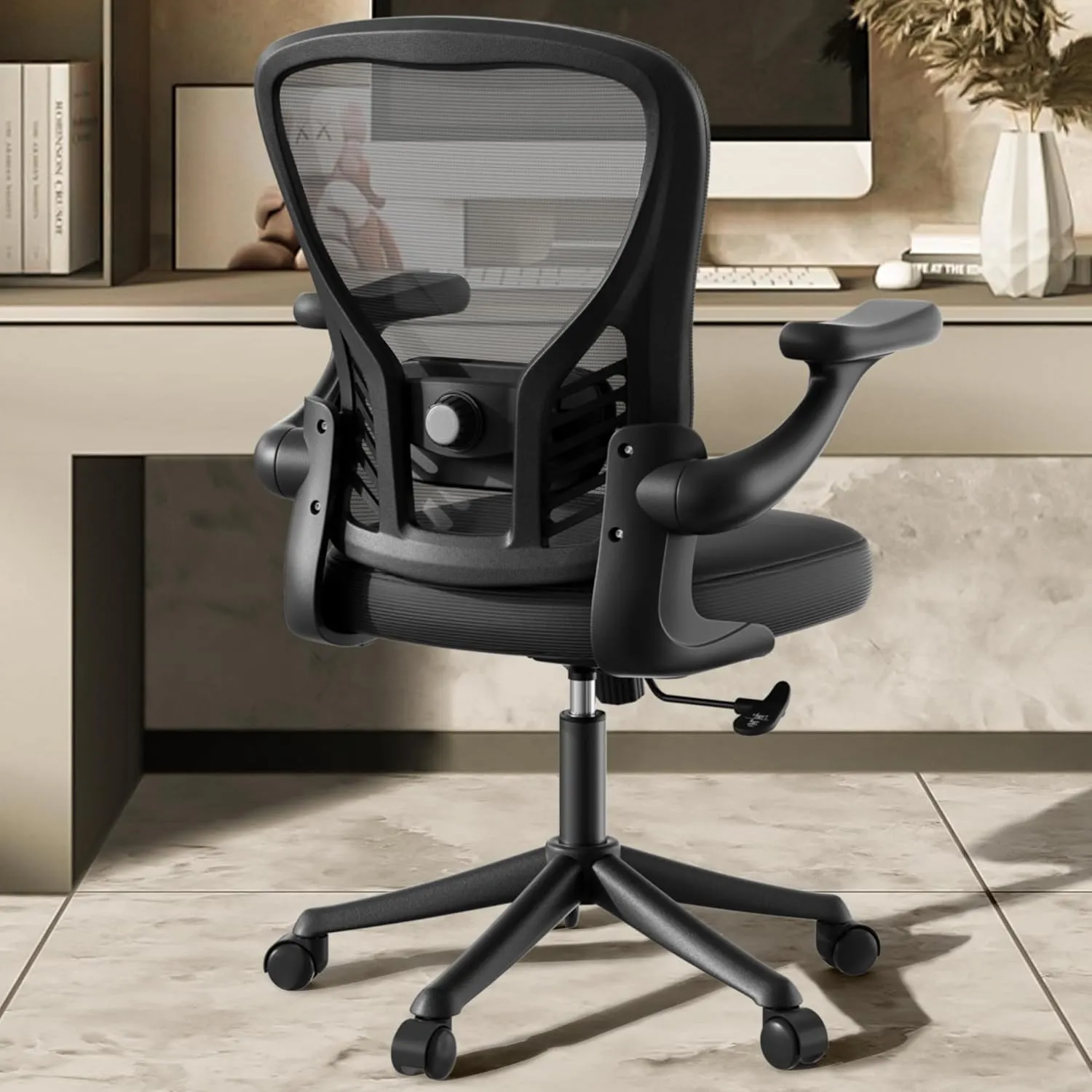 Computer Desk Chair with Wheels, Mesh Office Chair with Flip Up Arms, Adjustable Lumbar Support, Swivel Desk Chair Comfy, Black