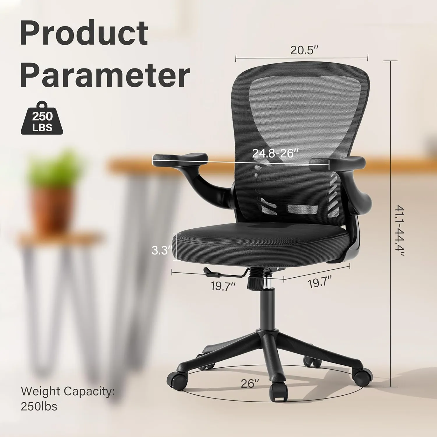 Computer Desk Chair with Wheels, Mesh Office Chair with Flip Up Arms, Adjustable Lumbar Support, Swivel Desk Chair Comfy, Black