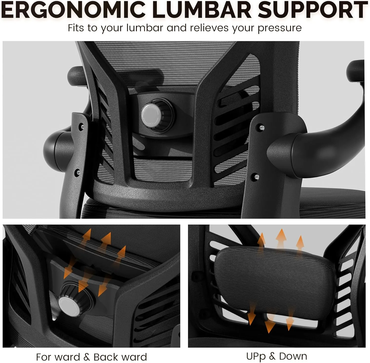 Computer Desk Chair with Wheels, Mesh Office Chair with Flip Up Arms, Adjustable Lumbar Support, Swivel Desk Chair Comfy, Black