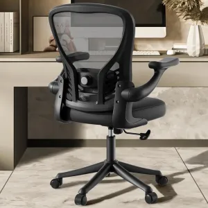 Computer Desk Chair with Wheels, Mesh Office Chair with Flip Up Arms, Adjustable Lumbar Support, Swivel Desk Chair Comfy, Black